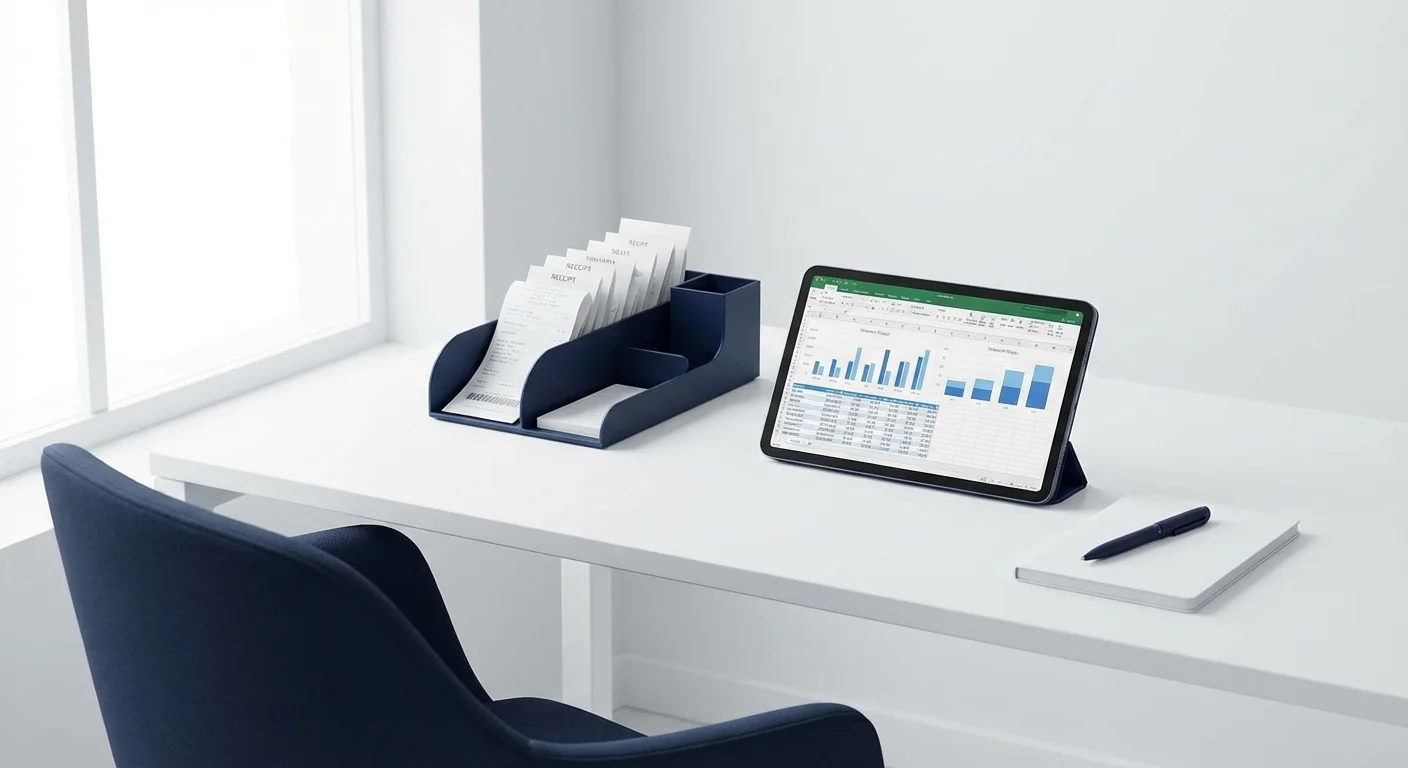 An organized workspace with a tablet showing a budget spreadsheet and receipts.
