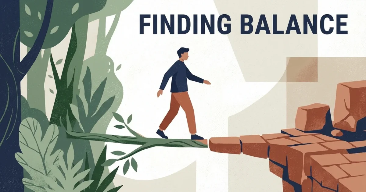 Editorial illustration of a person balancing between growth and stability on a stylized path.