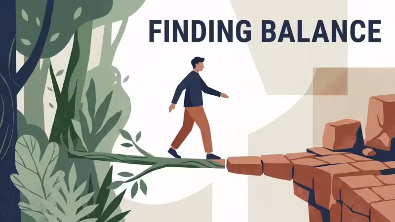 Editorial illustration of a person balancing between growth and stability on a stylized path.