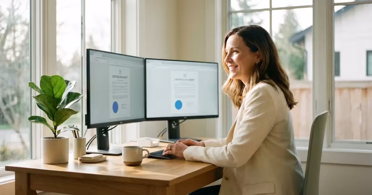 A professional woman working as a remote notary in a bright, modern home office.