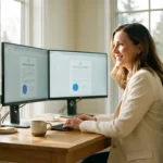 A professional woman working as a remote notary in a bright, modern home office.