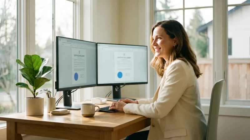 A professional woman working as a remote notary in a bright, modern home office.
