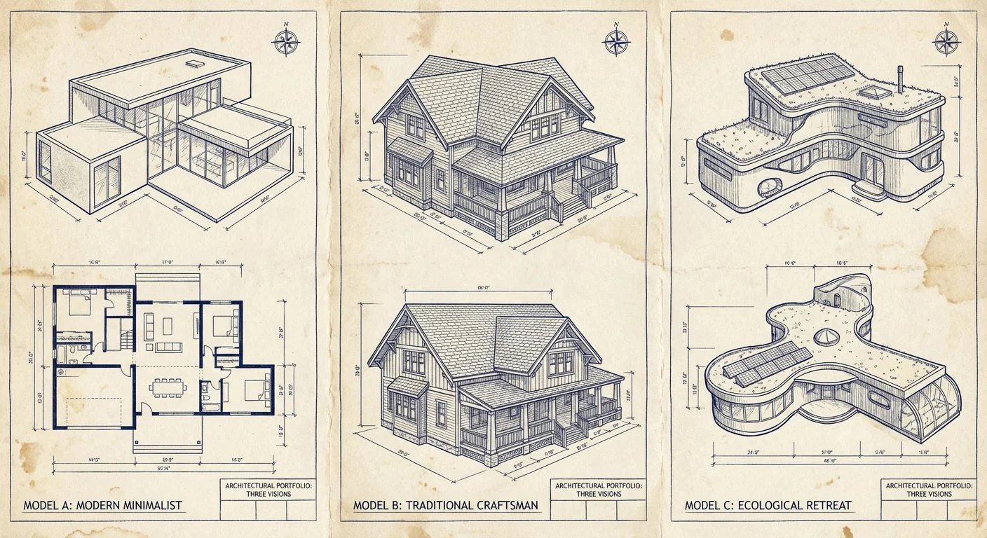 Blueprints of different structures representing various investment models.