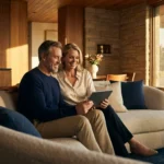 A mature couple smiling while looking at a tablet in a bright, modern living room.