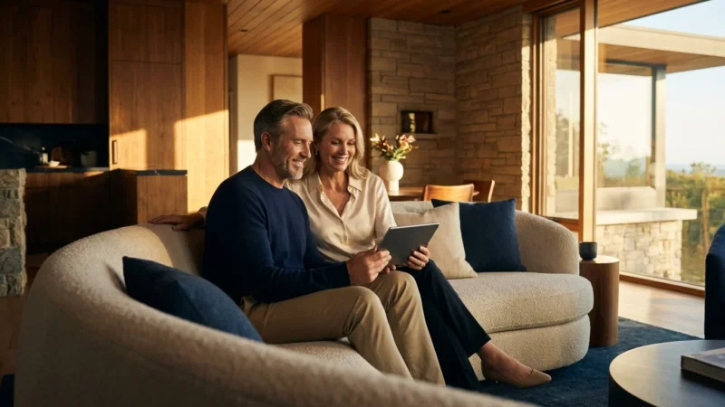A mature couple smiling while looking at a tablet in a bright, modern living room.