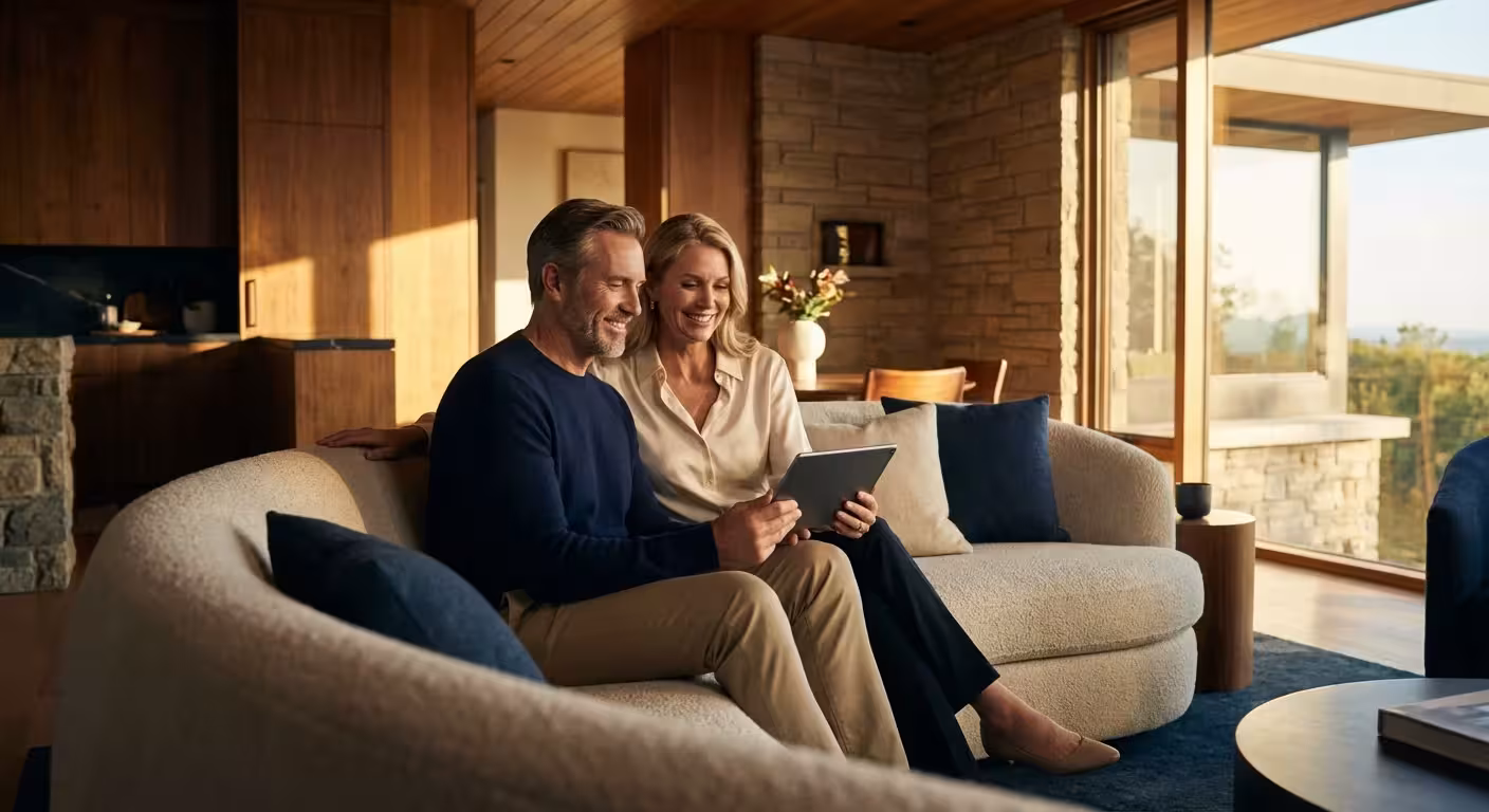 A mature couple smiling while looking at a tablet in a bright, modern living room.