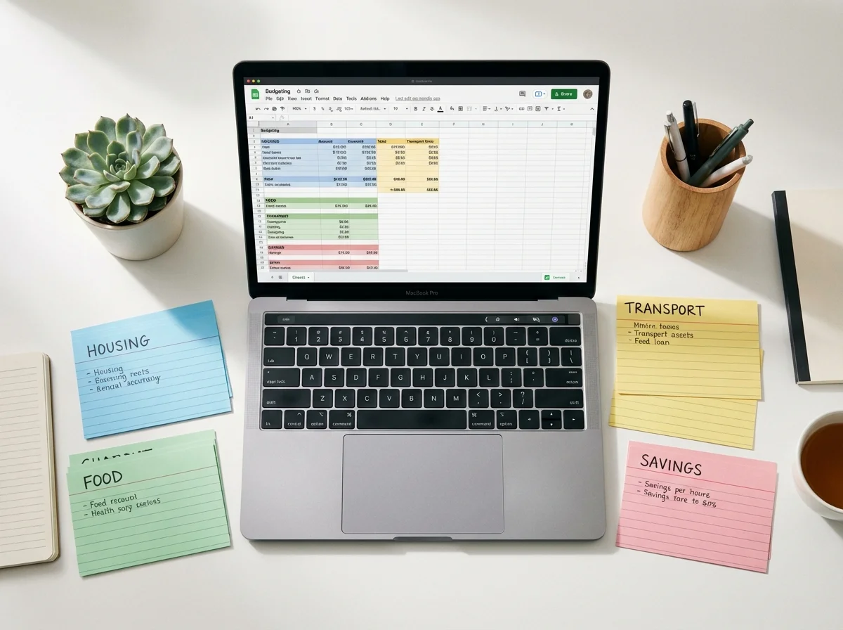 Close-up of hands checking off a list in a planner on a marble table.