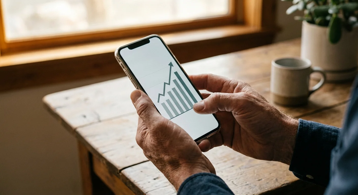 Close-up of hands holding a phone showing a financial growth chart.