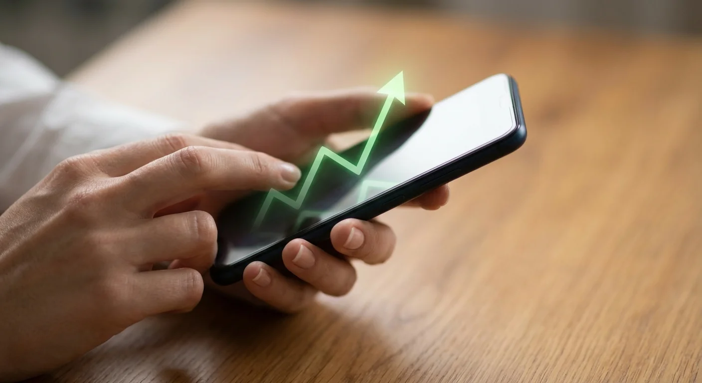 Close-up of hands holding a phone showing a positive financial growth chart in soft light.