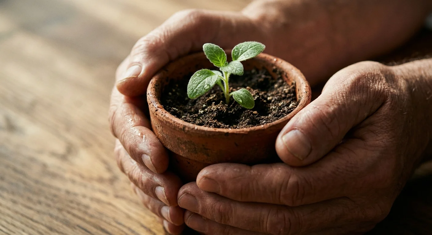 Close-up of hands holding a small potted plant sprout, symbolizing growth and financial nurturing.