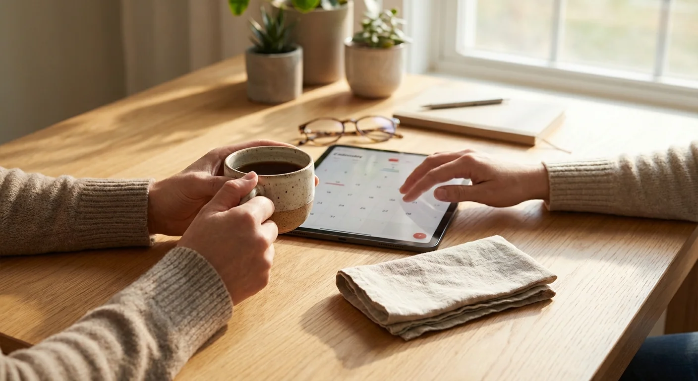Close-up of hands holding a tablet and coffee on a sunlit wooden table.