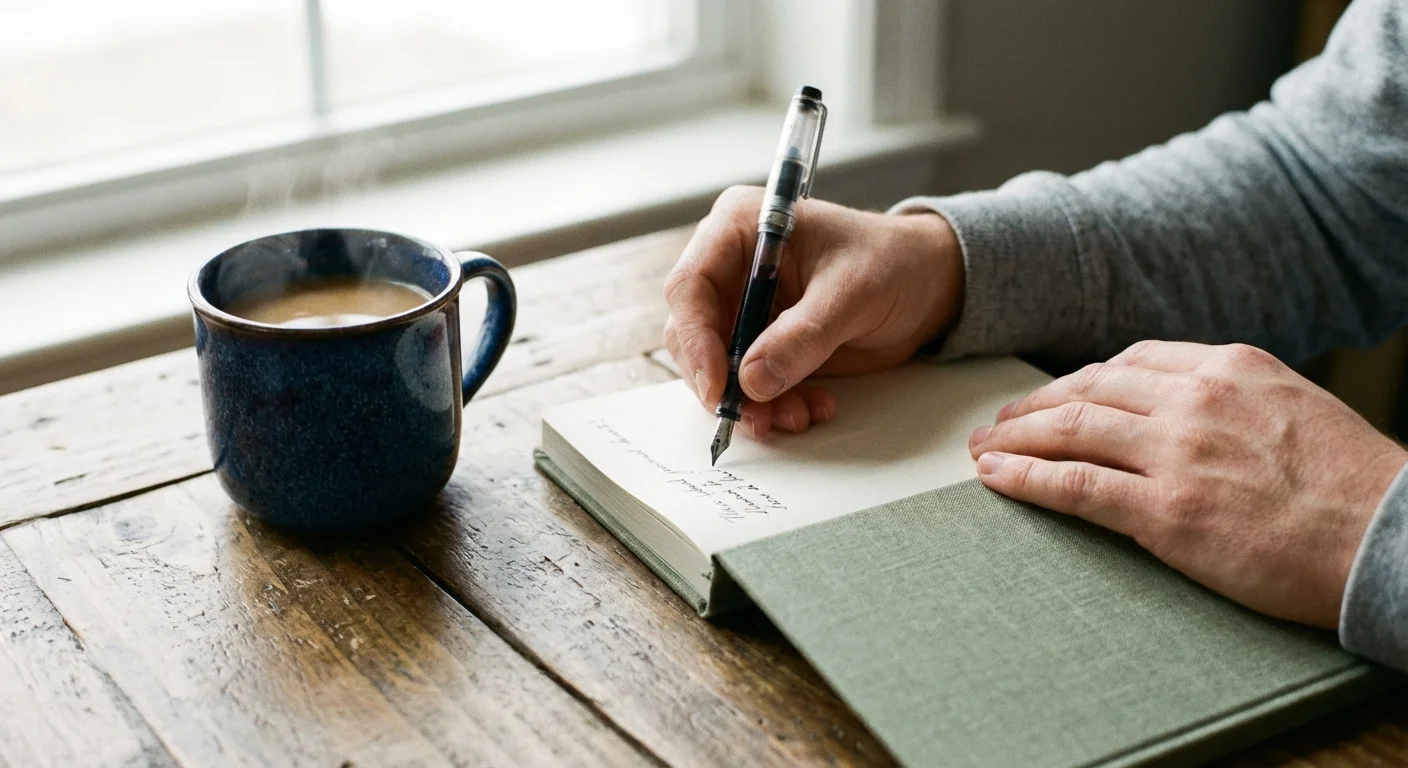 Close-up of hands writing in a notebook next to a cup of coffee on a wooden desk.