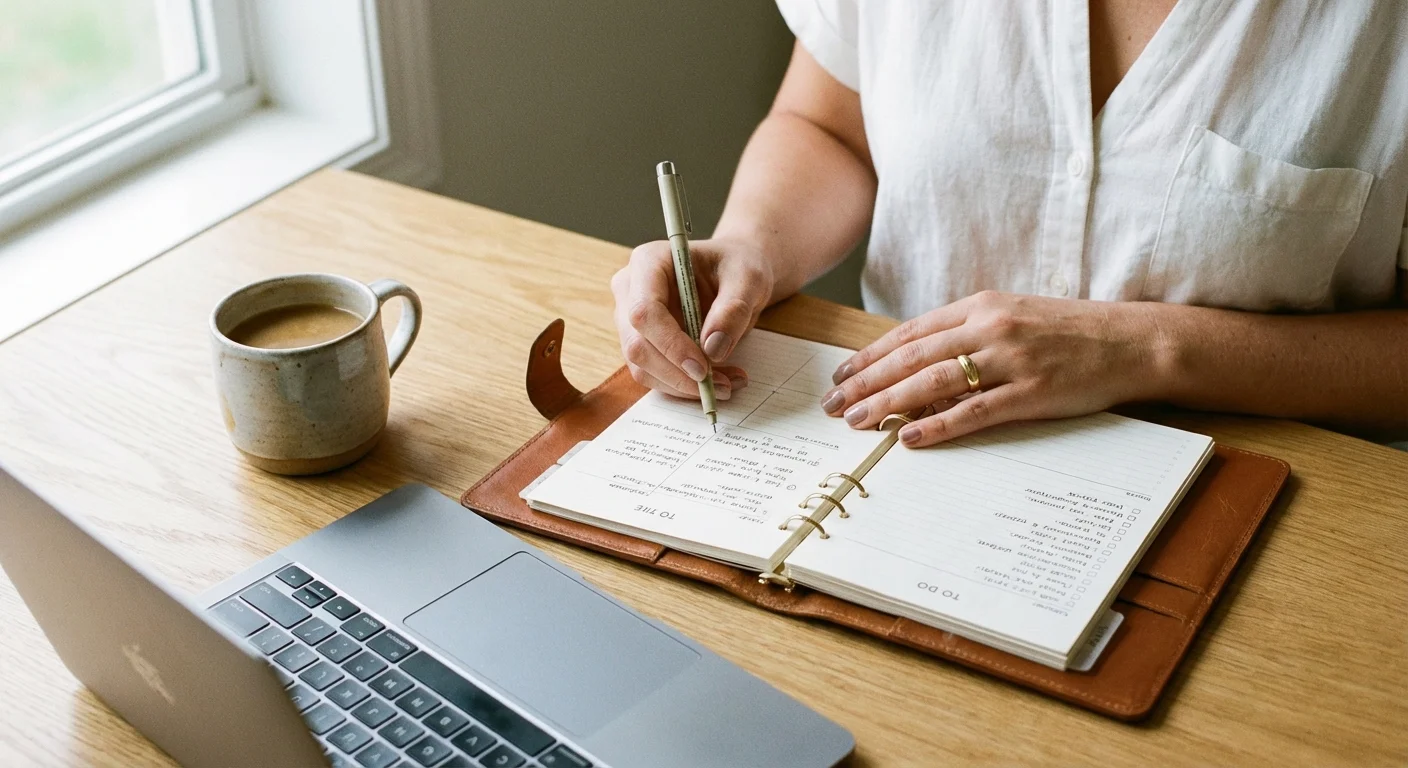 Close-up of hands writing in a planner on a clean desk with soft lighting.