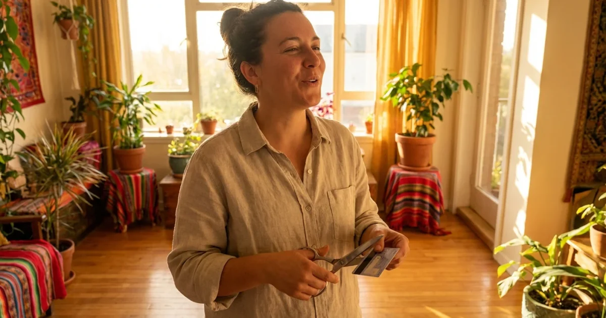 A woman working happily on her laptop in a bright, sunlit modern living room, representing financial freedom.