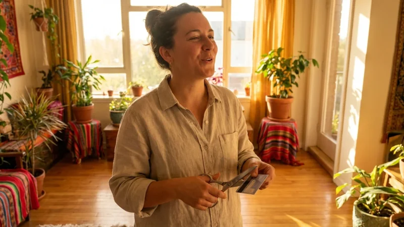 A woman working happily on her laptop in a bright, sunlit modern living room, representing financial freedom.