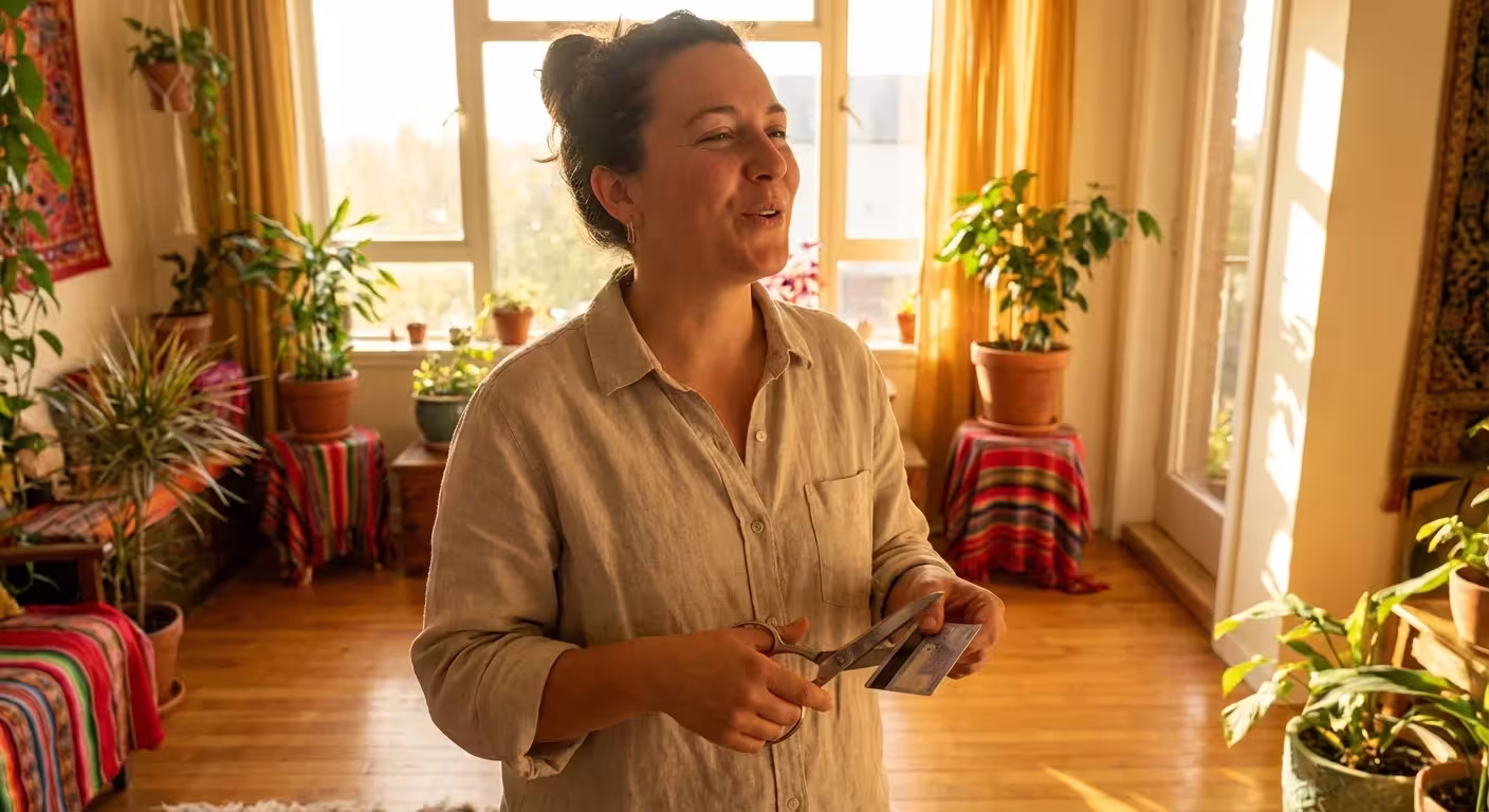 A woman working happily on her laptop in a bright, sunlit modern living room, representing financial freedom.