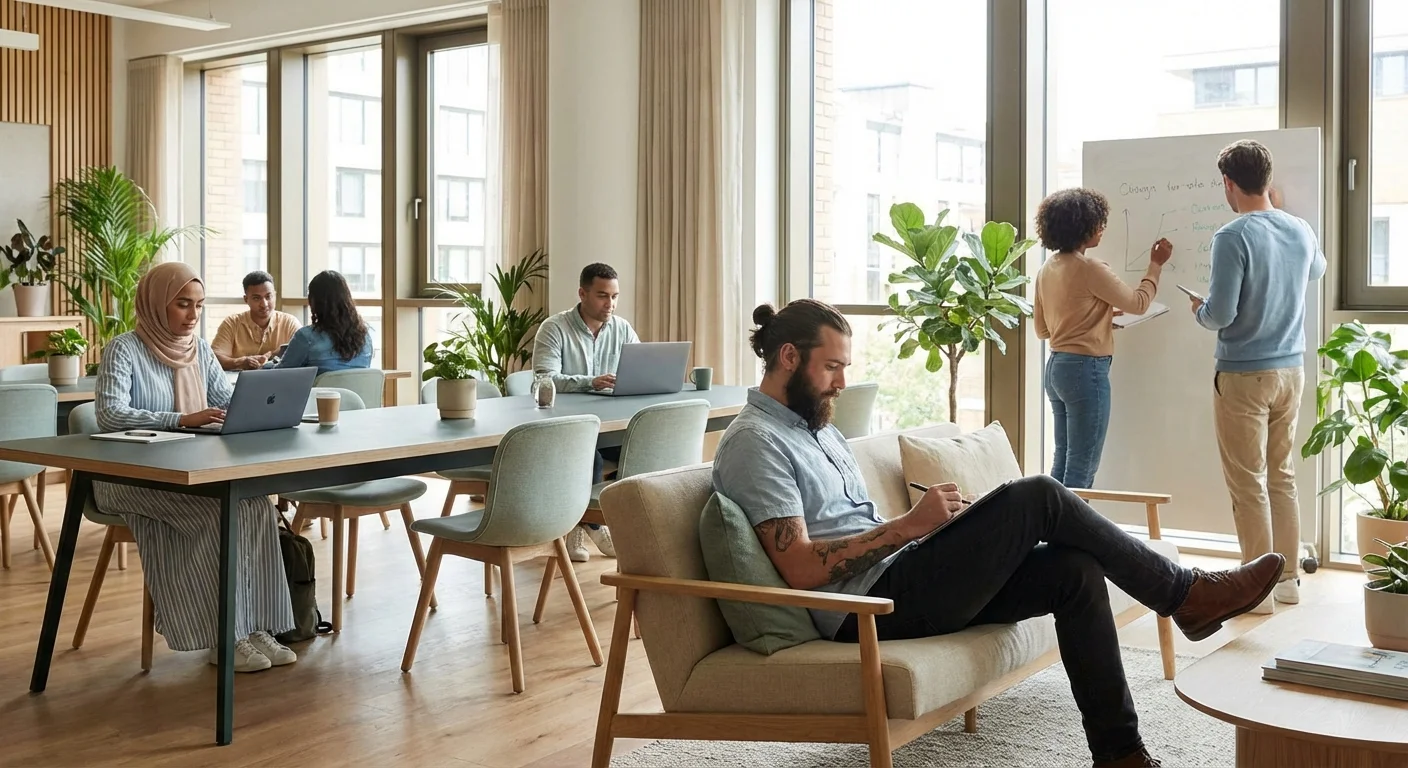 Diverse professionals working in a bright, modern open-plan office.
