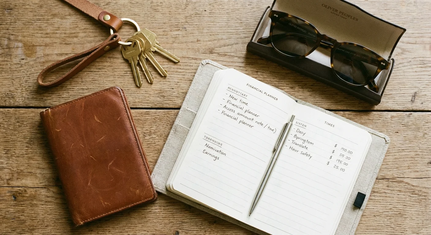 Flat lay of house keys, a passport, and a financial planner on a wooden table.