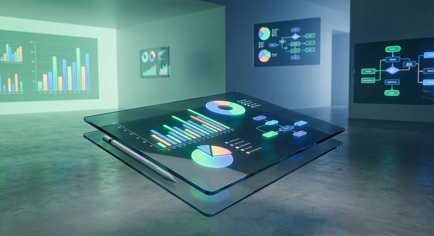 Floating 3D glass slides with colorful charts and professional design layouts.