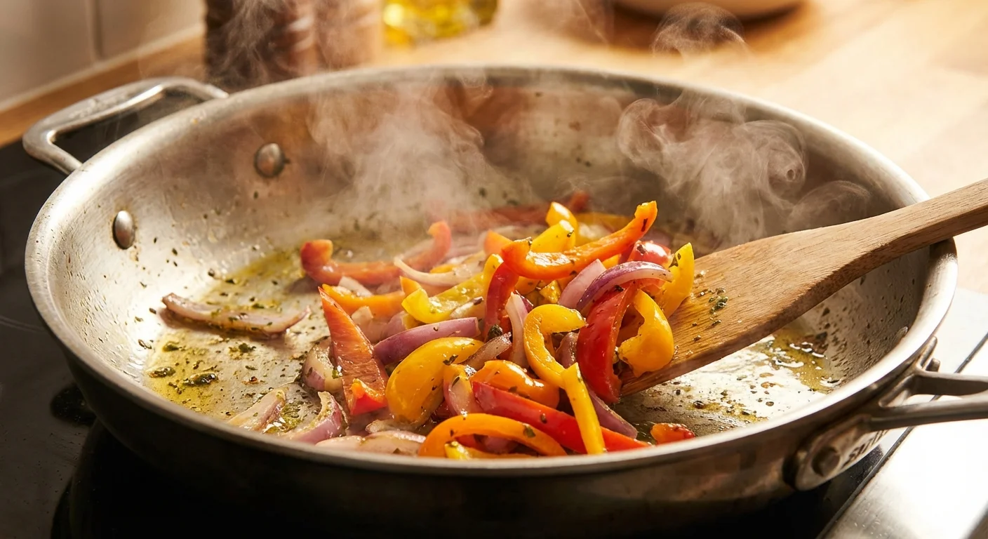 Fresh vegetables being sautéed in a pan with steam rising.