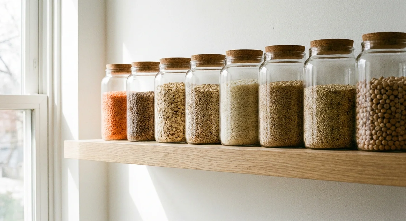 Glass jars filled with bulk dry goods on a wooden shelf.