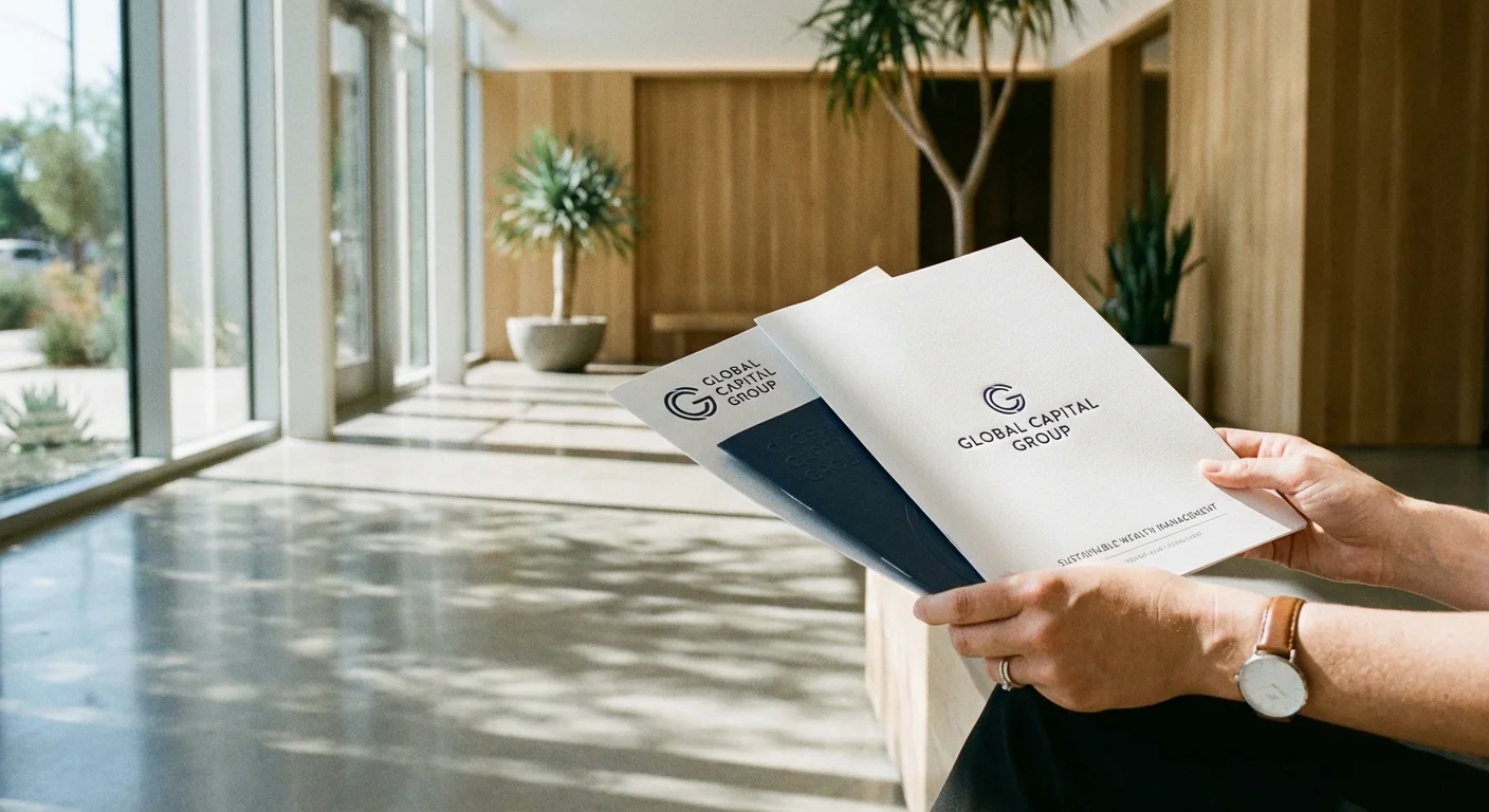 Hands comparing two financial brochures in a bright, professional setting.