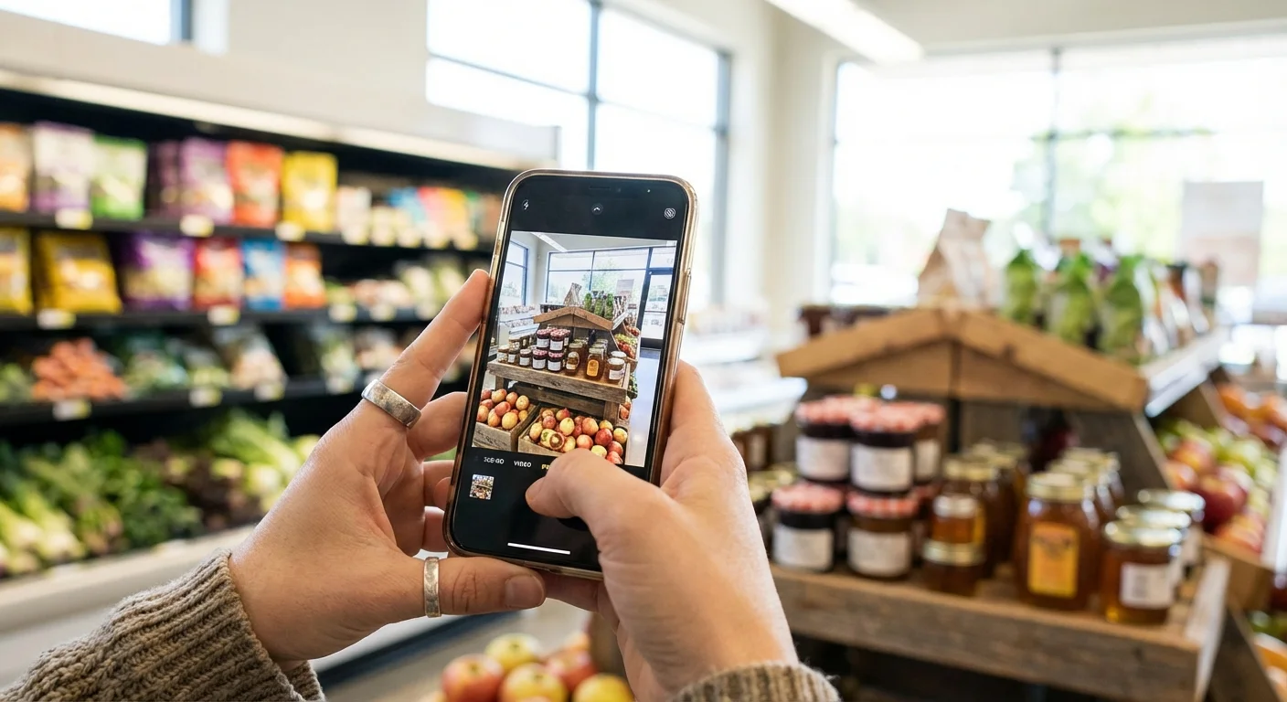 Hands holding a smartphone to take a photo of a store shelf display.