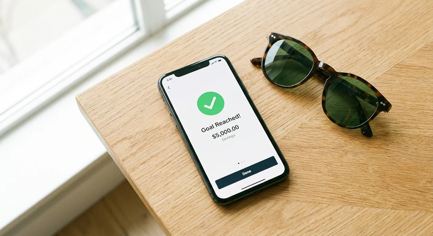 Hands holding a smartphone with a budgeting app in a modern cafe.