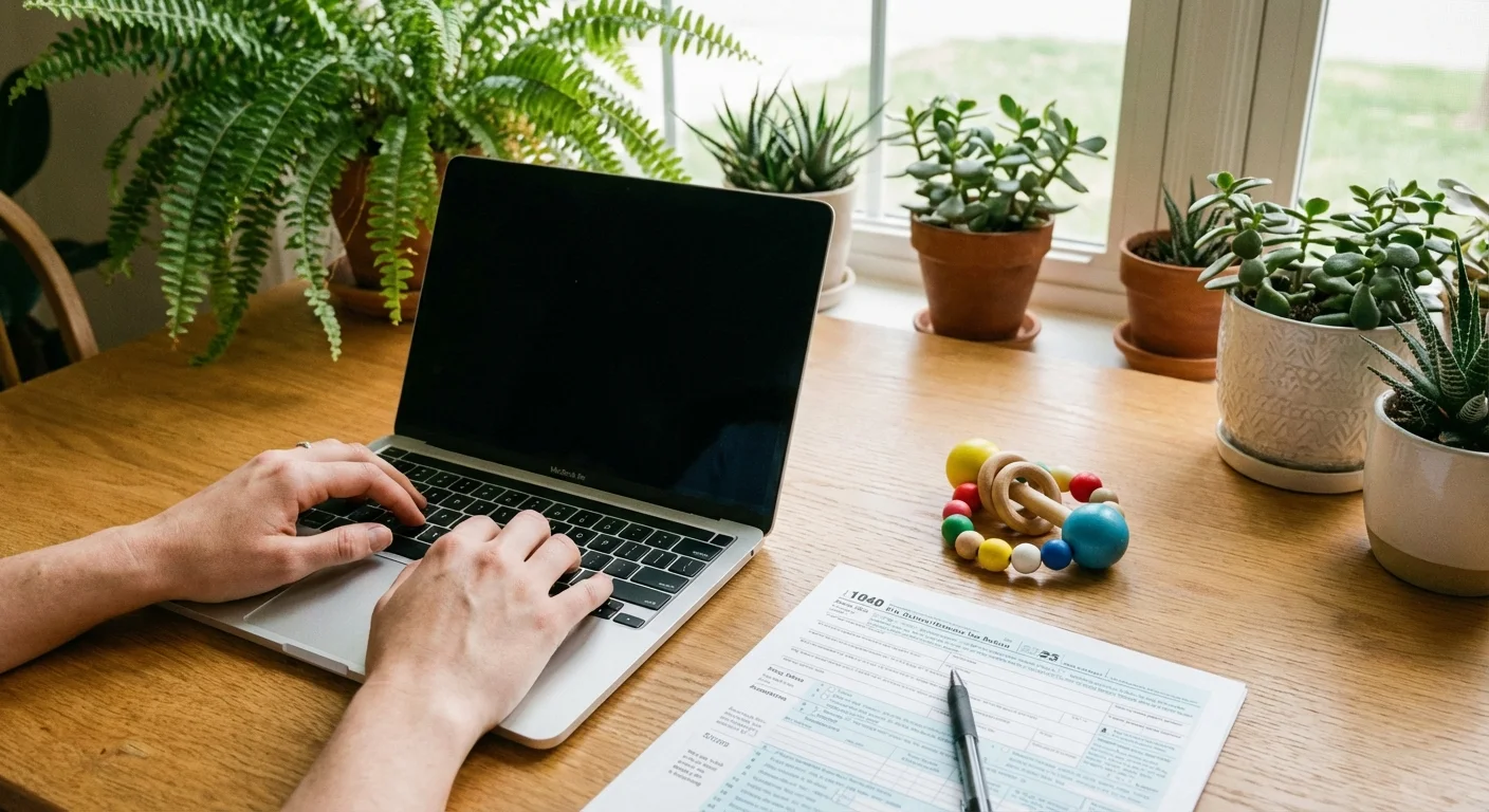 Hands typing on a laptop next to a tax document and a baby rattle in a home office.