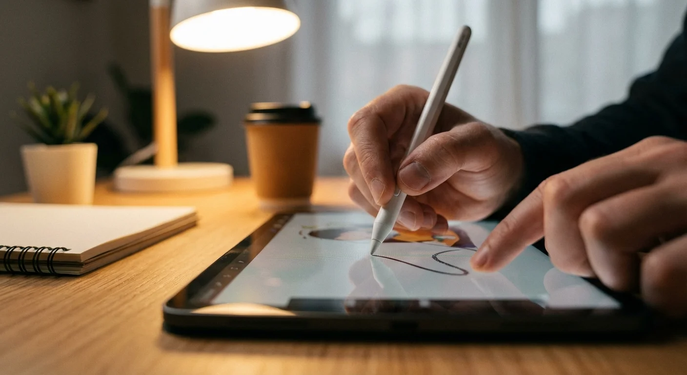 Hands using a mobile banking app in a bright, modern living room with a view of a garden.