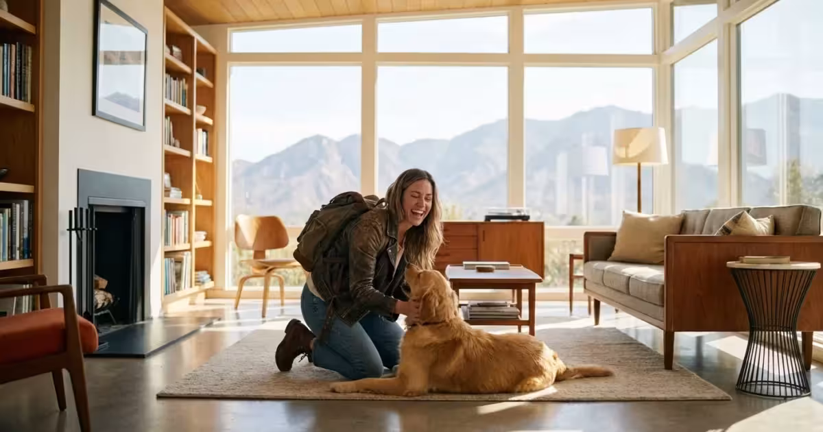 A house sitter playing with a dog in a bright, modern living room.