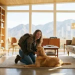 A house sitter playing with a dog in a bright, modern living room.