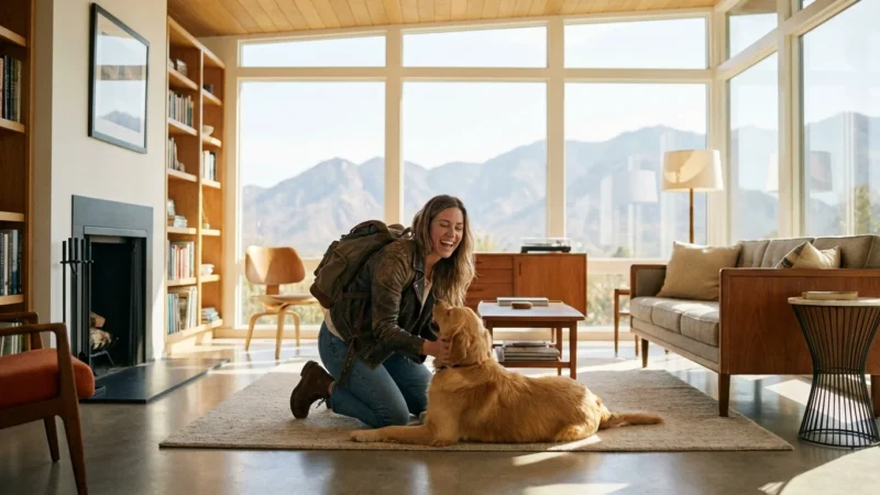 A house sitter playing with a dog in a bright, modern living room.