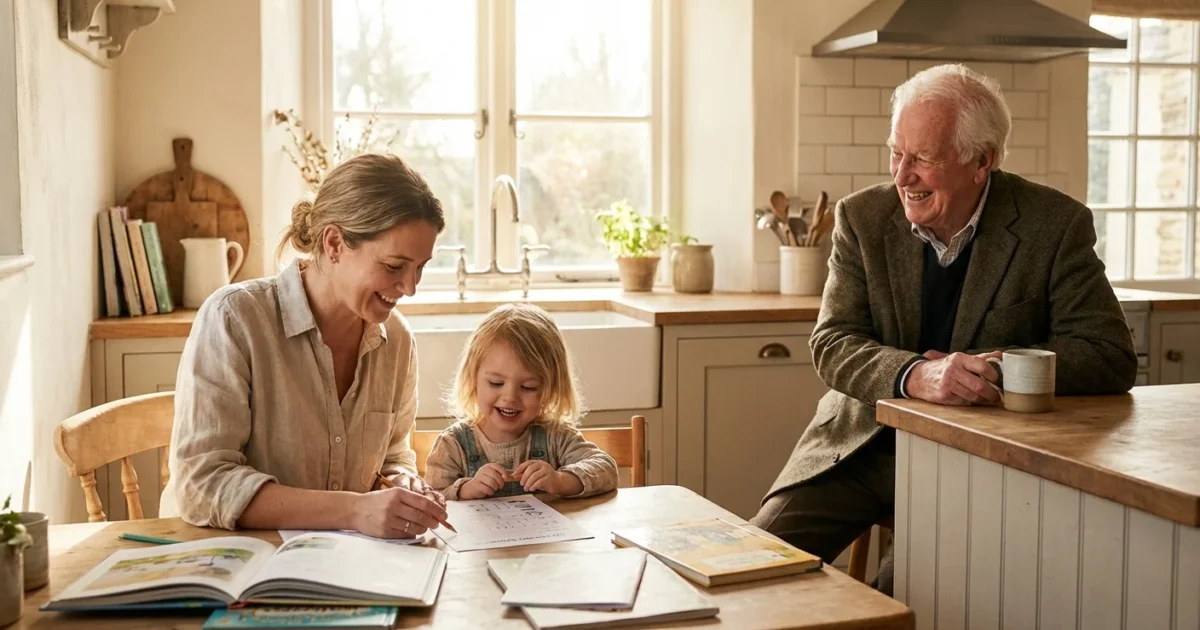 A multi-generational family in a sunlit kitchen representing the sandwich generation.