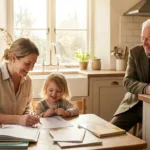 A multi-generational family in a sunlit kitchen representing the sandwich generation.