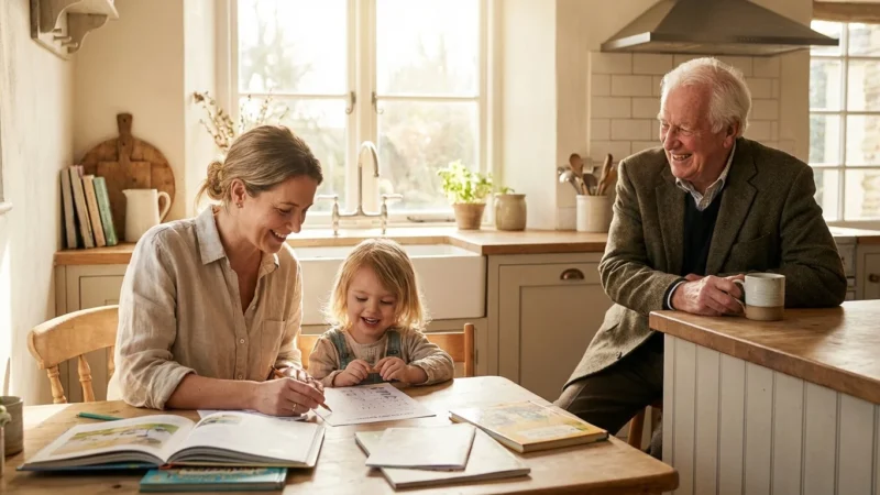 A multi-generational family in a sunlit kitchen representing the sandwich generation.