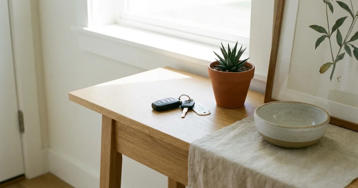 A woman planning a trip on her laptop in a bright, modern home office.