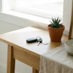 A woman planning a trip on her laptop in a bright, modern home office.