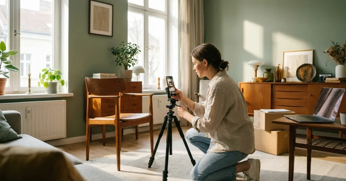 A woman smiling on a sunny patio planning a trip, representing a lifestyle funded by values-based budgeting.