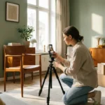 A woman smiling on a sunny patio planning a trip, representing a lifestyle funded by values-based budgeting.