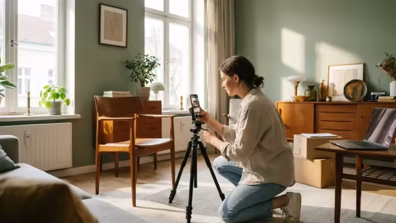 A woman smiling on a sunny patio planning a trip, representing a lifestyle funded by values-based budgeting.