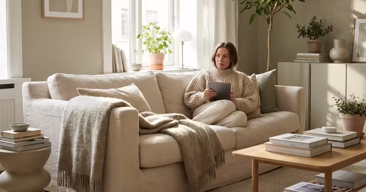 A person photographing a vintage chair in a bright living room for a resale listing.