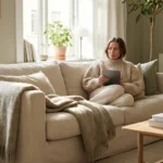 A person photographing a vintage chair in a bright living room for a resale listing.
