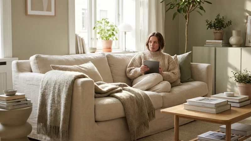 A person photographing a vintage chair in a bright living room for a resale listing.