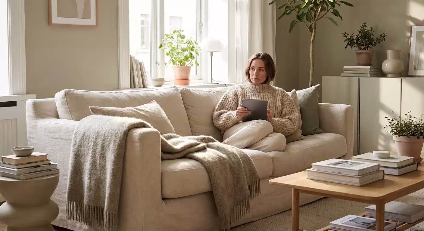 A person photographing a vintage chair in a bright living room for a resale listing.