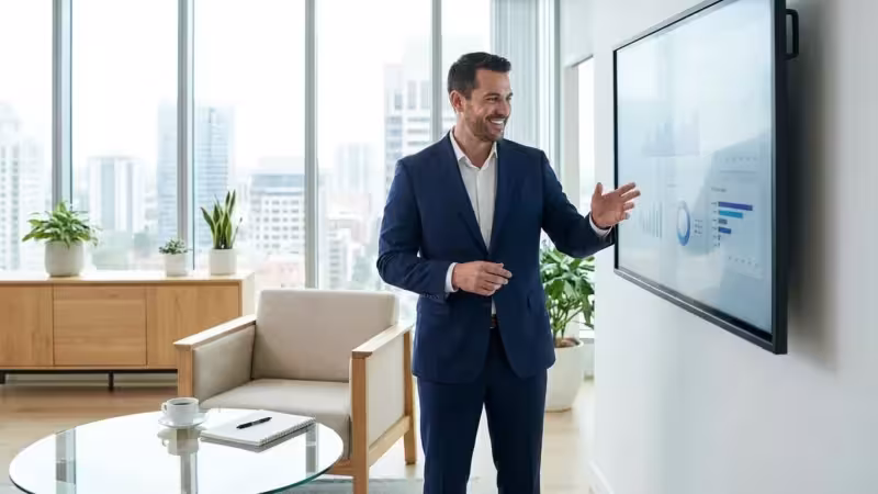 A woman confidently managing her finances on a tablet in a bright, modern office.