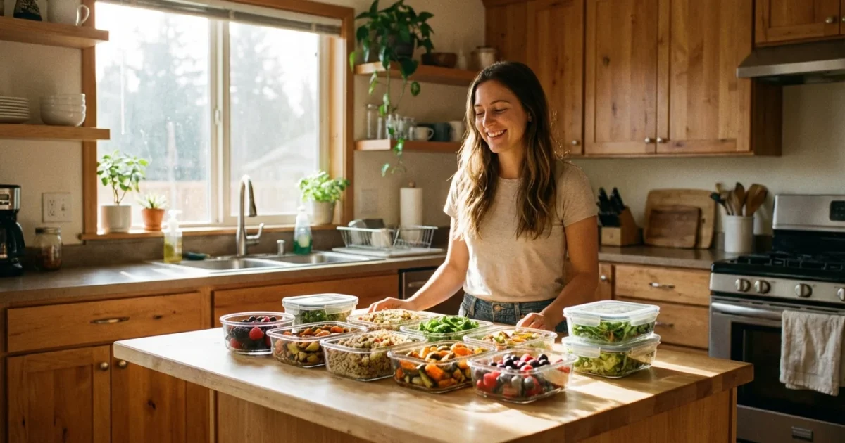 A person in a bright kitchen with organized glass meal prep containers filled with healthy food.