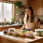 A person in a bright kitchen with organized glass meal prep containers filled with healthy food.