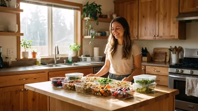 A person in a bright kitchen with organized glass meal prep containers filled with healthy food.