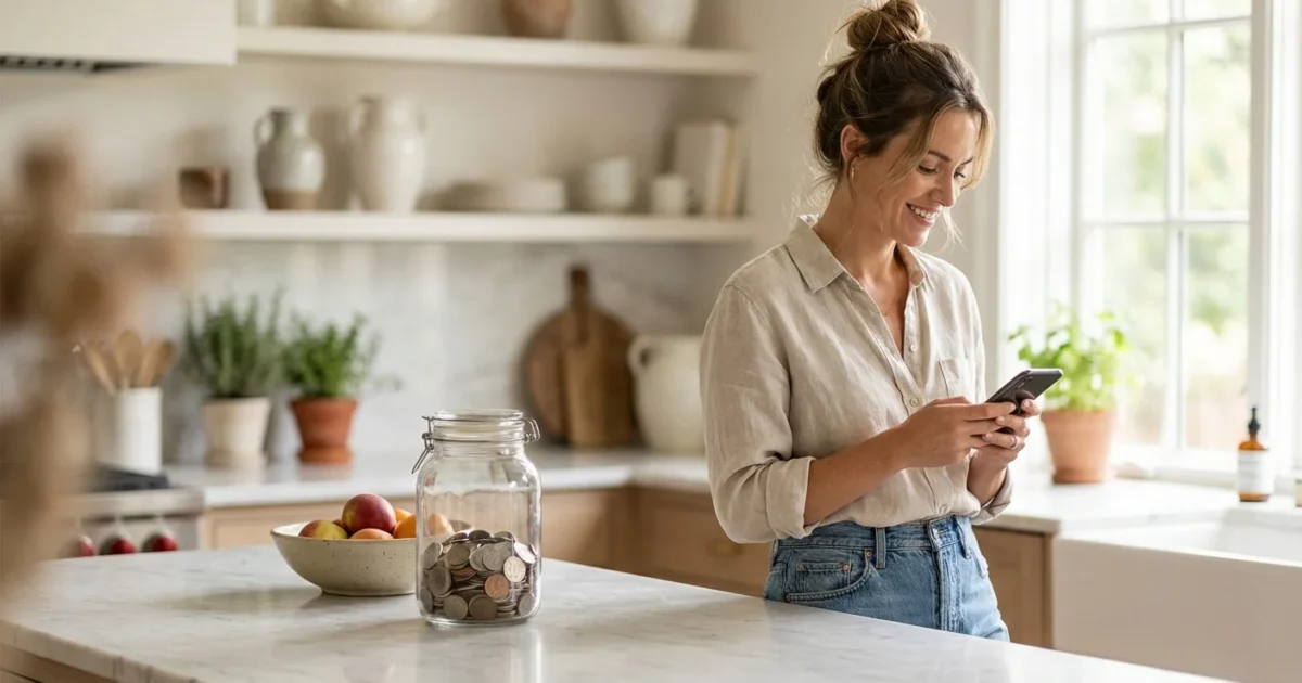 A woman using a micro-saving app on her phone in a bright kitchen next to a traditional coin jar.